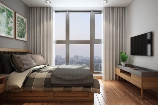 thiết kế trần thạch cao phảng cho phòng ngủ đơn giản thông thoáng